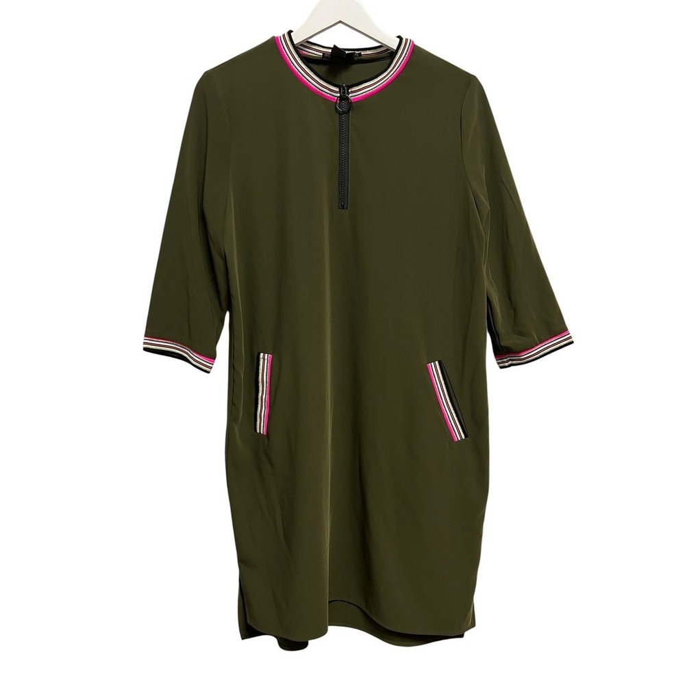 Peace of Cloth Shift Dress Womens Small Olive Green Striped Trim Half Zip Sporty